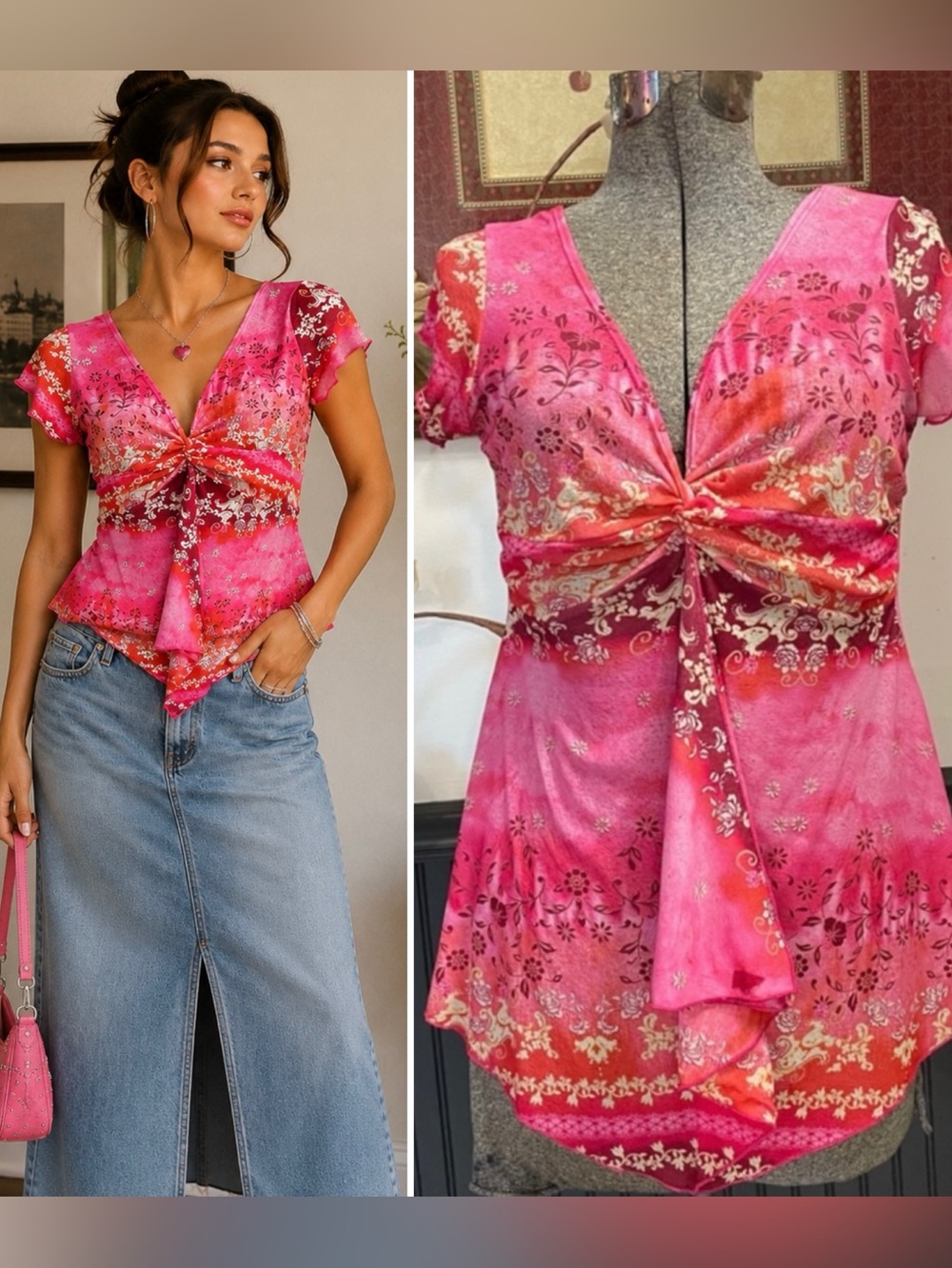 Zoey Beth Y2K Pink Floral Knot Front Handkerchief Hem Babydoll Top Sz M💛🎀